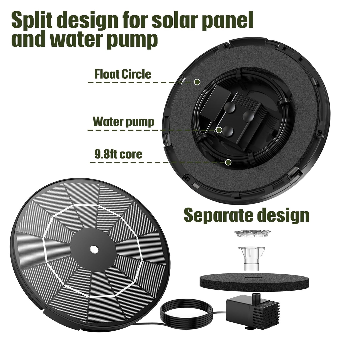 5 Inch Solar Water Pump, 7V/1.7W 200L/h Bird Bath Fountain Pump, w 6 Nozzle, Free Standing Floating Solar Powered Water Fountain Pump for Bird Bath, Garden, Pond, Pool, Outdoor