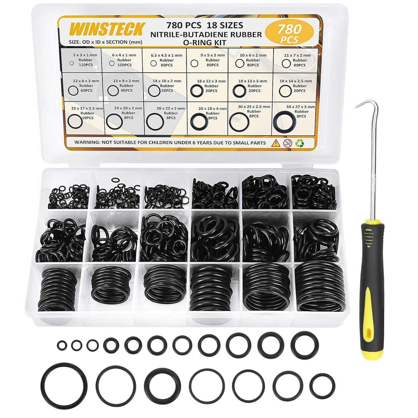 O Ring Assortment Kit with Pick & Hook Set Kit for Hose, Faucet, Automotive, Air and Gas Sealing Repair