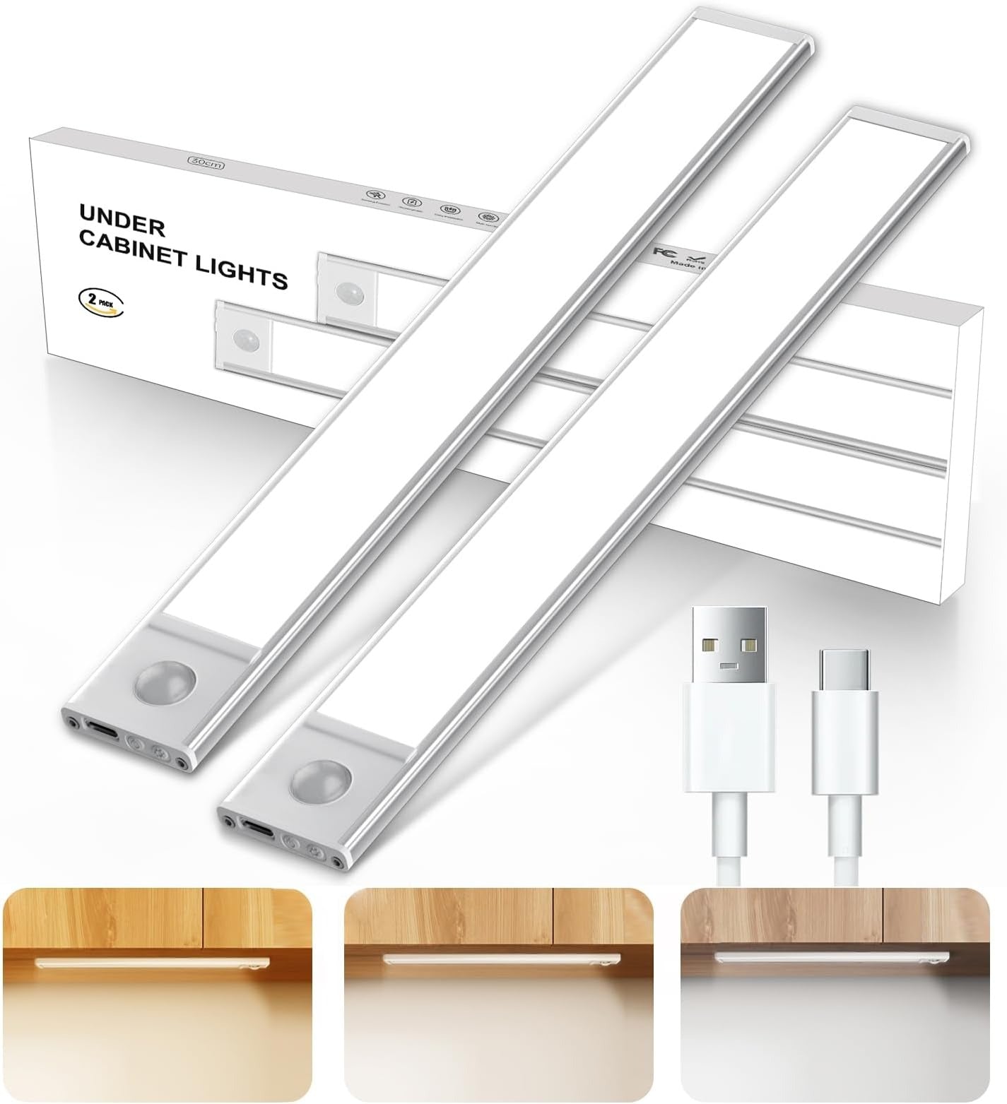 Closet Lights Motion Sensored, 33-Led Dimmable USB Rechargeable Motion Sensor Magnetic Under Cabinet Lights 1100mAh Battery Operated White Strip Lighting