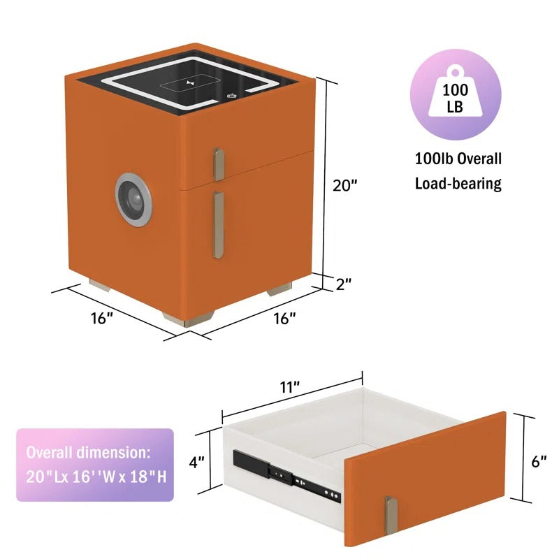 Orange Smart Nightstands with Wireless Charging, USB Port, LED Lights and Speaker
