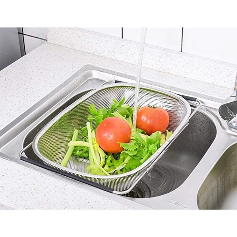 Over the Sink Colander Stainless Steel Fine Mesh Sink Strainer Basket with Extendable Handle for Pasta Fruits Vegetables