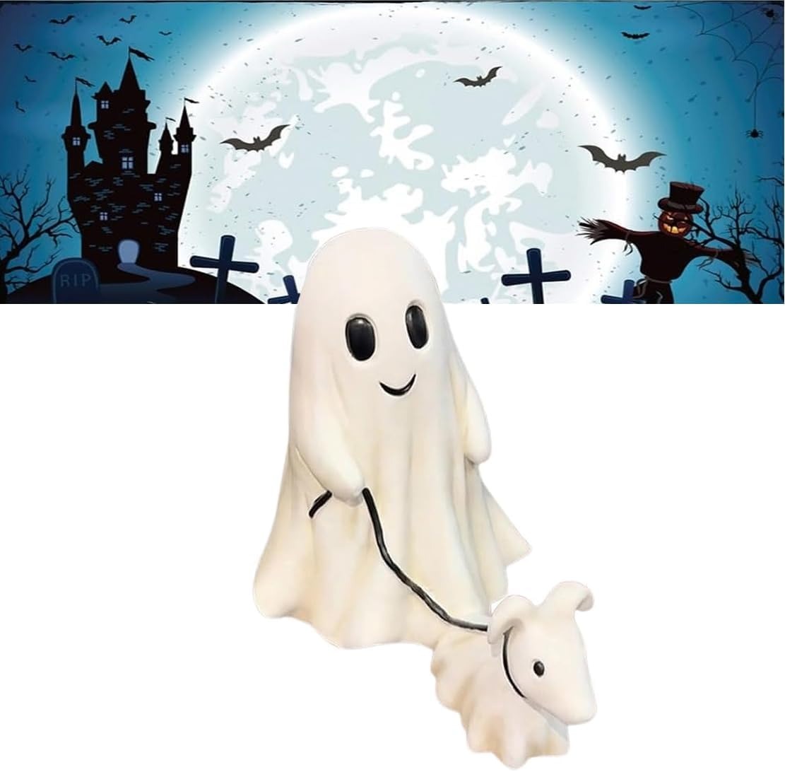Ghost Walking Dog Statue Cute Halloween Decoration Spooky Resin Ghost Dog Figurine Fun Halloween Tabletop Decor