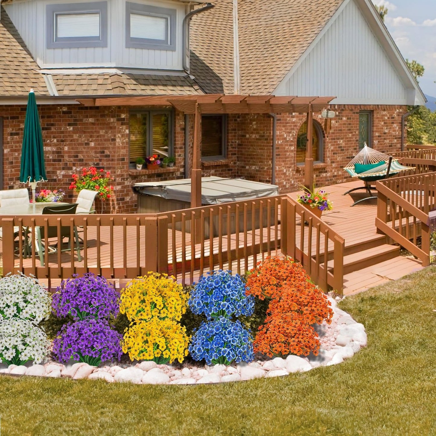 Outdoor Artificial Flowers 21 UV Resistant Bundles Fake Flower Plastic Plants Faux Silk Flowers Porch Hanging Garden Porch Window Box Decorating