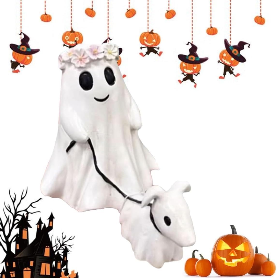 Ghost Walking Dog Statue Cute Halloween Decoration Spooky Resin Ghost Dog Figurine Fun Halloween Tabletop Decor