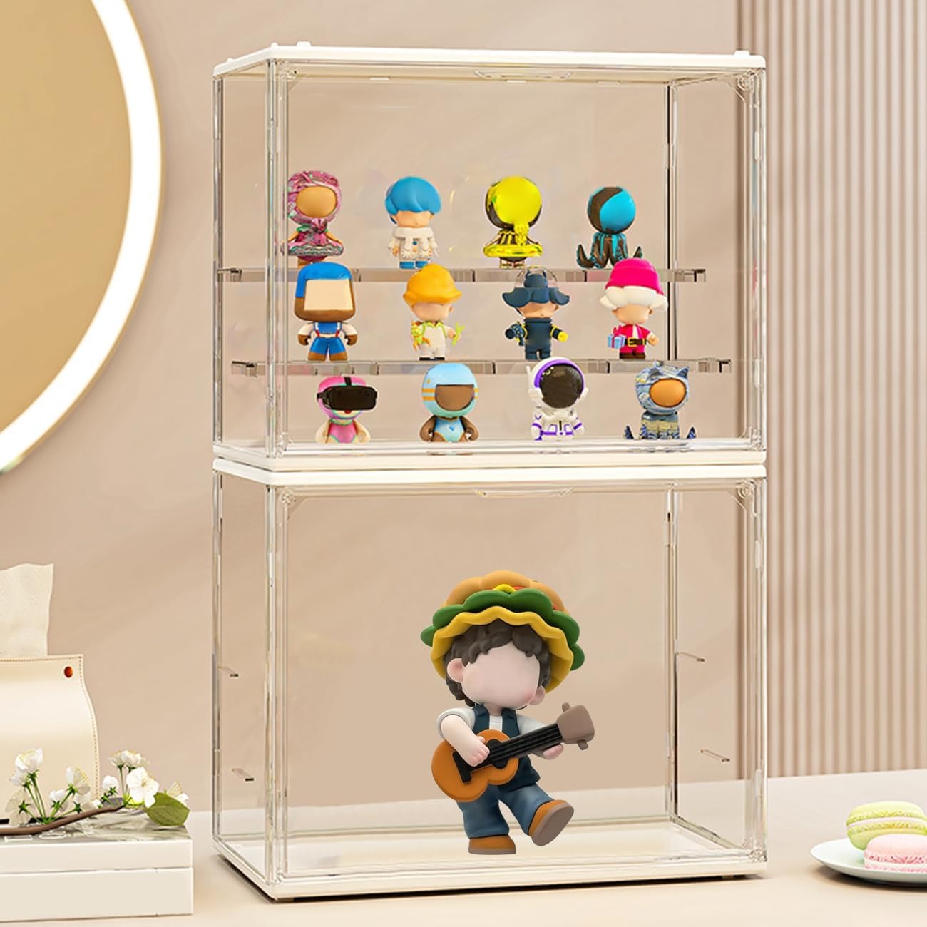 Clear Display Case for Action Figures 3-Tier Detachable Display Stand Stackable Storage Box with Magnetic Door Transparent Showcase for Collectibles Figurines Toys Mini Dolls