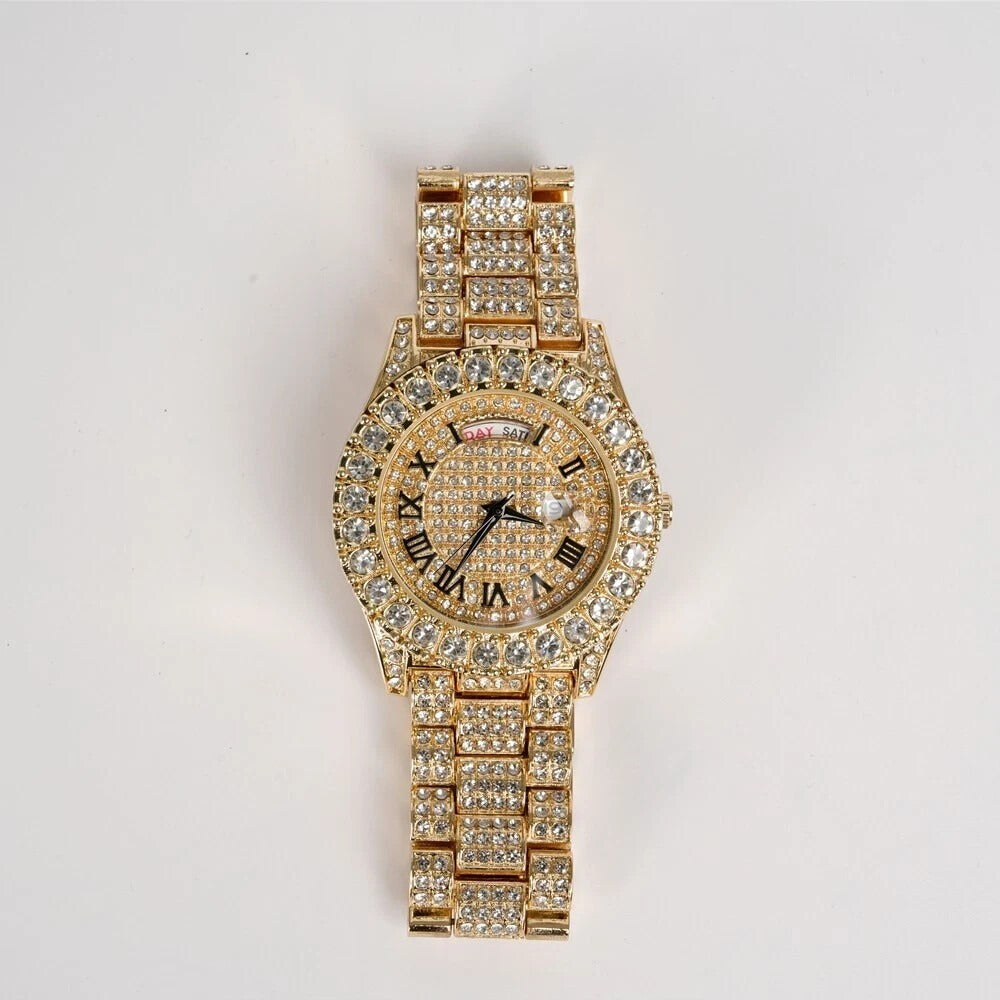 Luxury Rhinestone Watch Stainless Steel Round Bezel Quartz Analog Wrist Watches