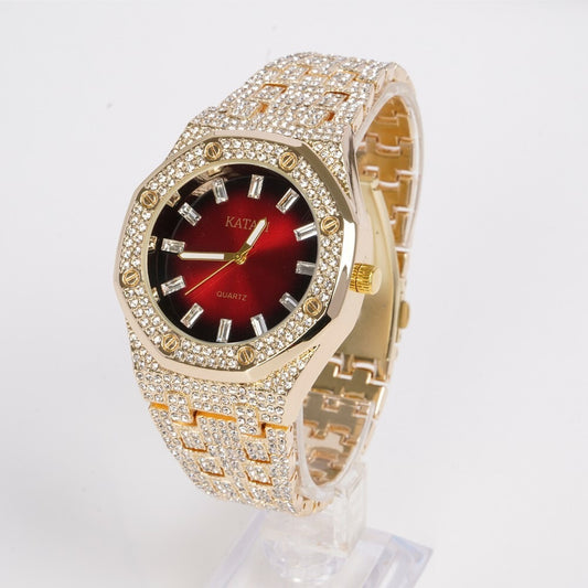 Luxury Rhinestone Watch Unisex Round Bezel Red Face Stainless Steel Wristwatches