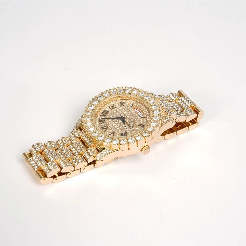 Luxury Rhinestone Watch Stainless Steel Round Bezel Quartz Analog Wrist Watches