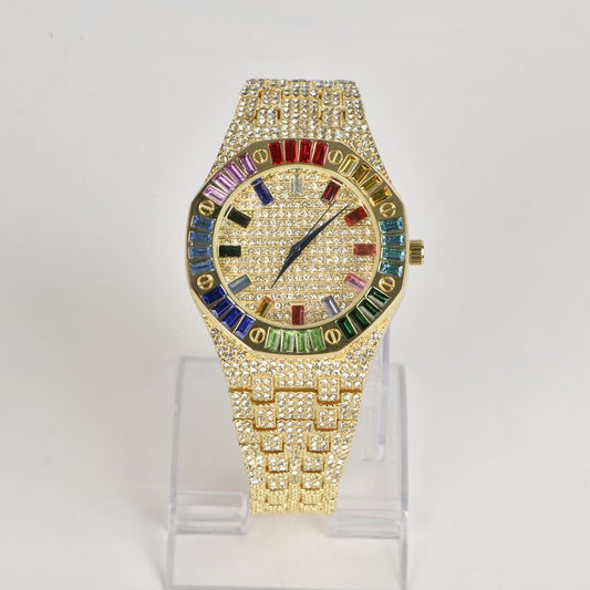 Men Gold Stainless Steel Watch Quartz Analog Business Rhinestone Wristwatches