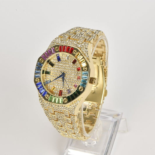 Men Gold Stainless Steel Watch Quartz Analog Business Rhinestone Wristwatches