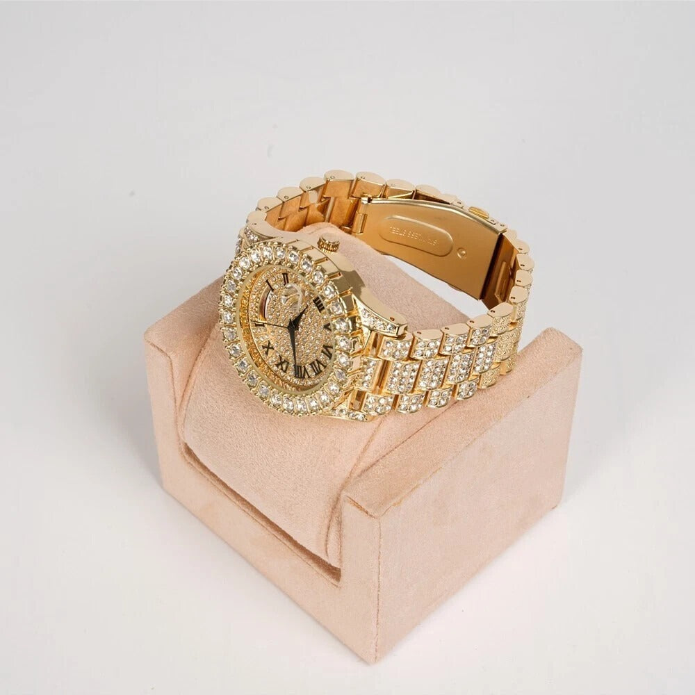 Luxury Rhinestone Watch Stainless Steel Round Bezel Quartz Analog Wrist Watches