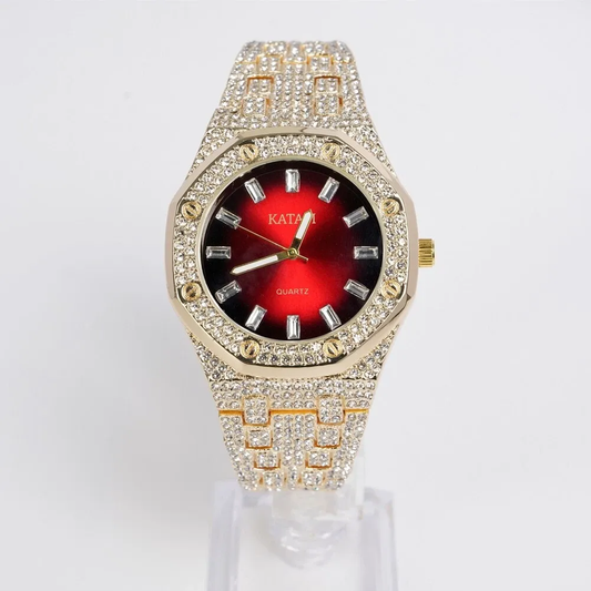 Luxury Rhinestone Watch Unisex Round Bezel Red Face Stainless Steel Wristwatches