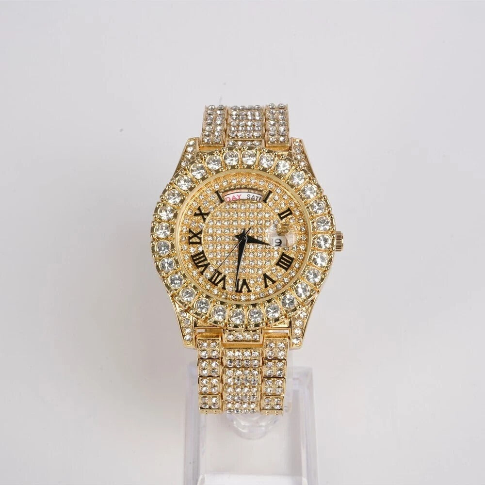 Luxury Rhinestone Watch Stainless Steel Round Bezel Quartz Analog Wrist Watches