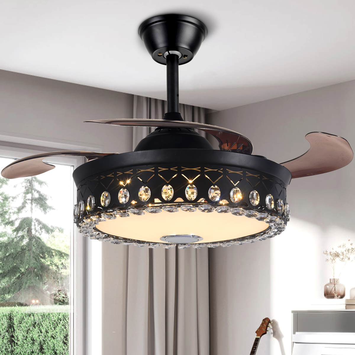 42" Black Living Room Invisible Ceiling Fan with Light DS-FH45
