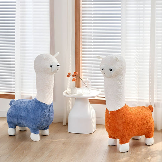 Upholstered Alpaca Stool Lamb's Fleece Fabric Footstool Pouffe Stool Change Shoe Footrest Wooden Legs for Living Room Bedroom