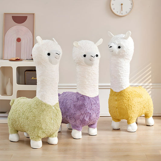 Upholstered Alpaca Stool Lamb's Fleece Fabric Footstool Pouffe Stool Change Shoe Footrest Wooden Legs for Living Room Bedroom