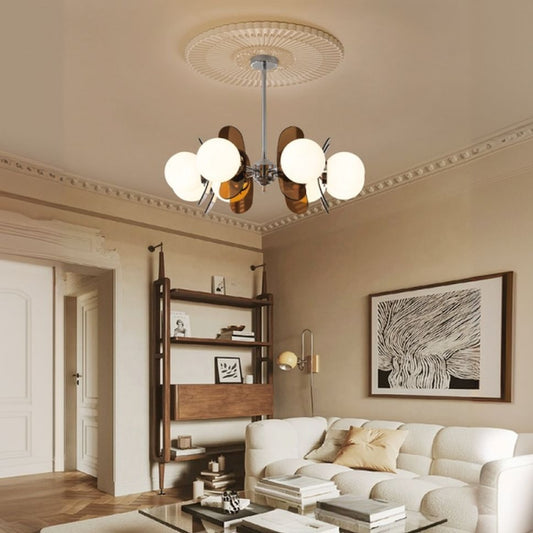 5 Lights Chandelier Light with Ambient Chalk Vitreous Lampshade, Downrods Mounting & Adjustable Height, Orange, 220V-240V DS-SQ34