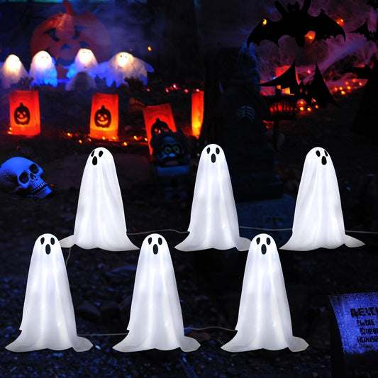 6 PackSolar Small Ghost String Stake Lights White Small Cloth Ghost Stakes with 8 Lighting Modes and Waterproof Outdoor Garden/Yard Path Lights