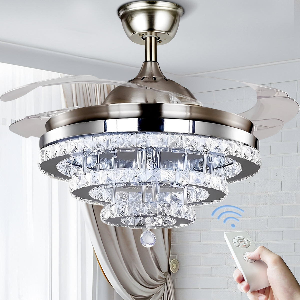 42" Silver Crystal Fan Chandelier DS-FZ103