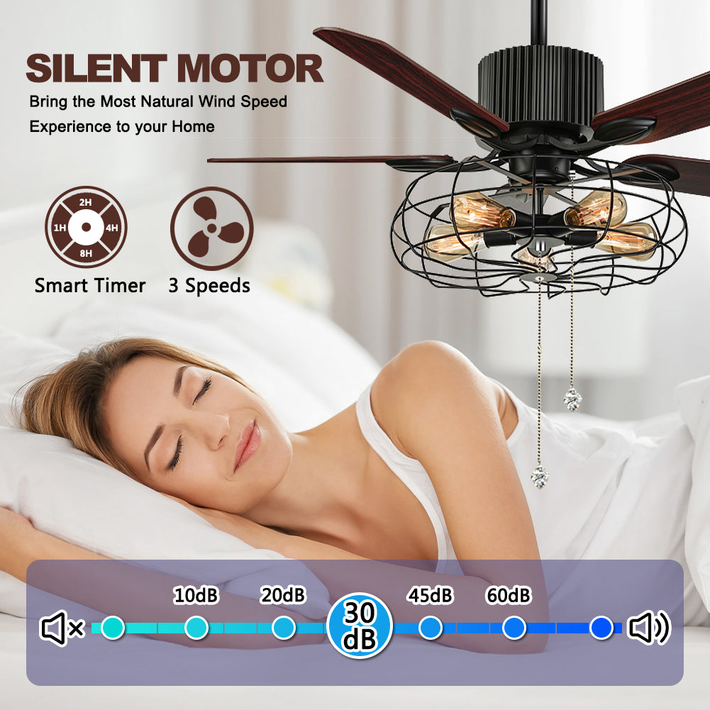 52 Inchs Retro Industrial 5 Wood Blade Iron Cage Reversible Motor Remote Control Fan Chandelier DS-TT79