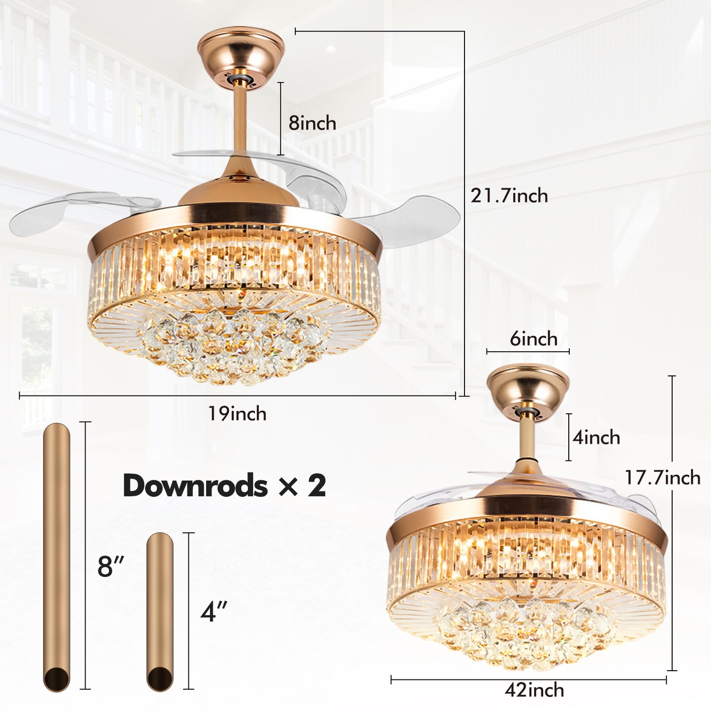 Retractable Fandelier Ceiling Fan Light Gold DS-LX58