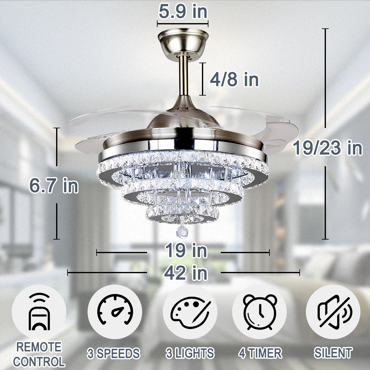 42" Silver Crystal Fan Chandelier DS-FZ103