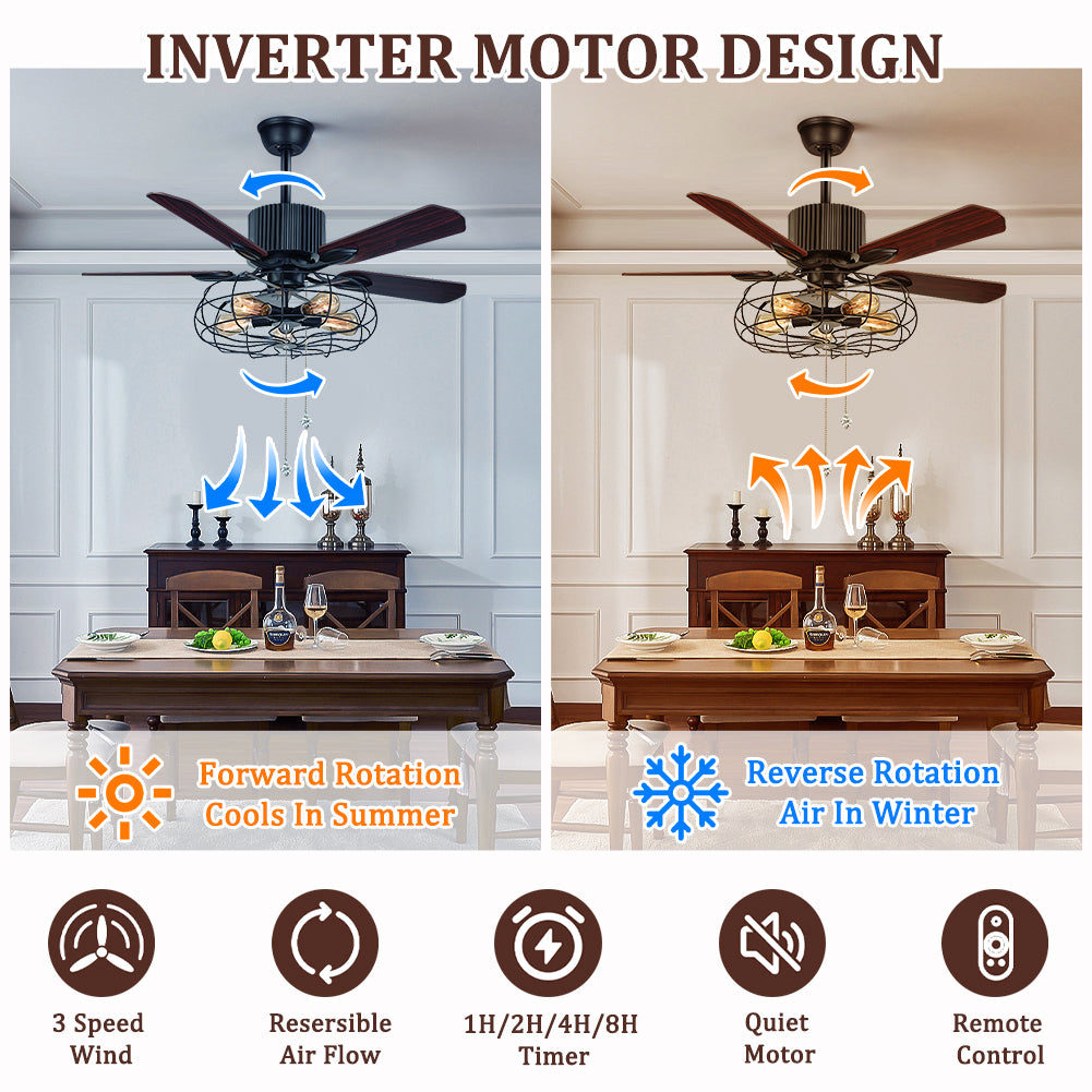 52 Inchs Retro Industrial 5 Wood Blade Iron Cage Reversible Motor Remote Control Fan Chandelier DS-TT79