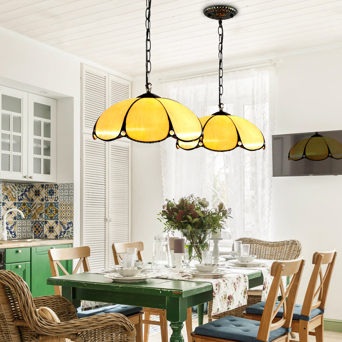 12" Ceiling Lighting Pumpkin Glass, Vintage Lotus Chandelier Adjustable Pendant Light Tiffany Fixture DS-DR29