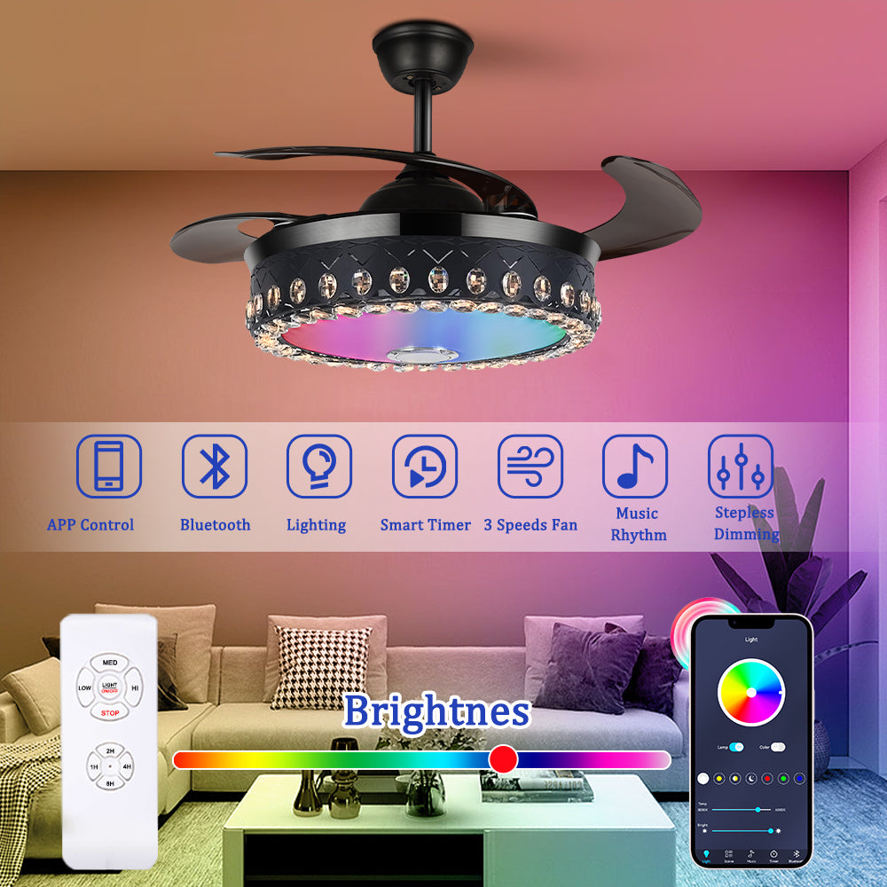 42" Black Living Room Invisible Ceiling Fan with Light