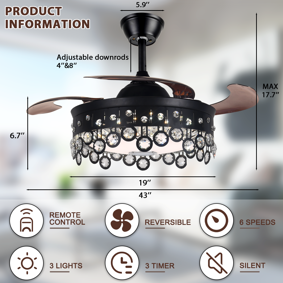 42" Black Bluetooth Invisible Ceiling Fan with Light DS-FH46