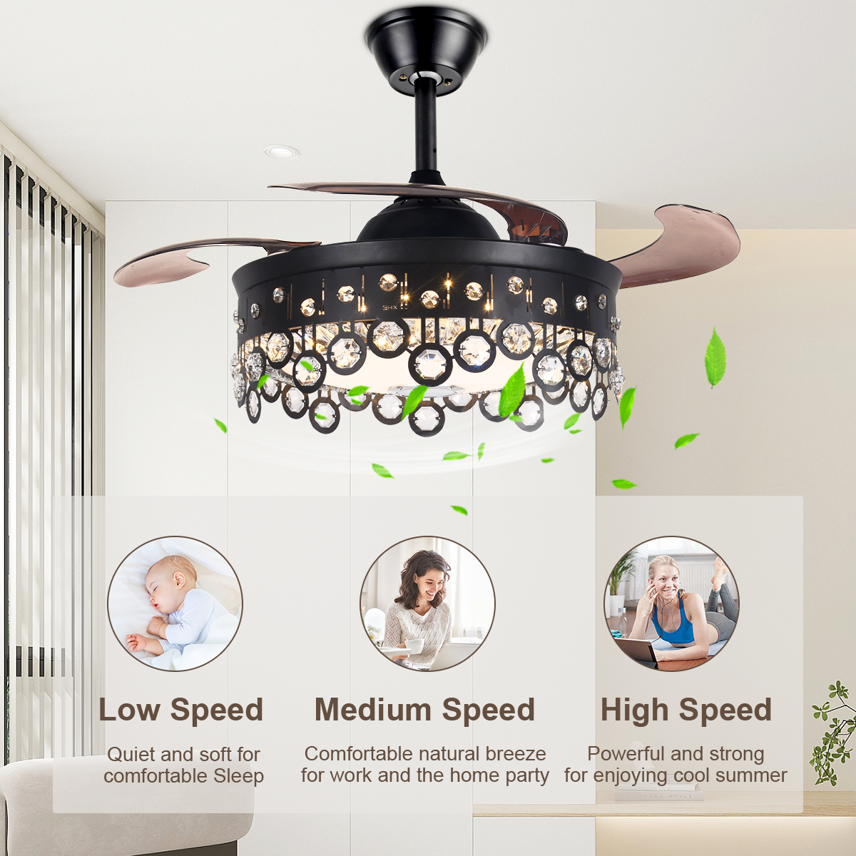 42" Black Bluetooth Invisible Ceiling Fan with Light DS-FH46