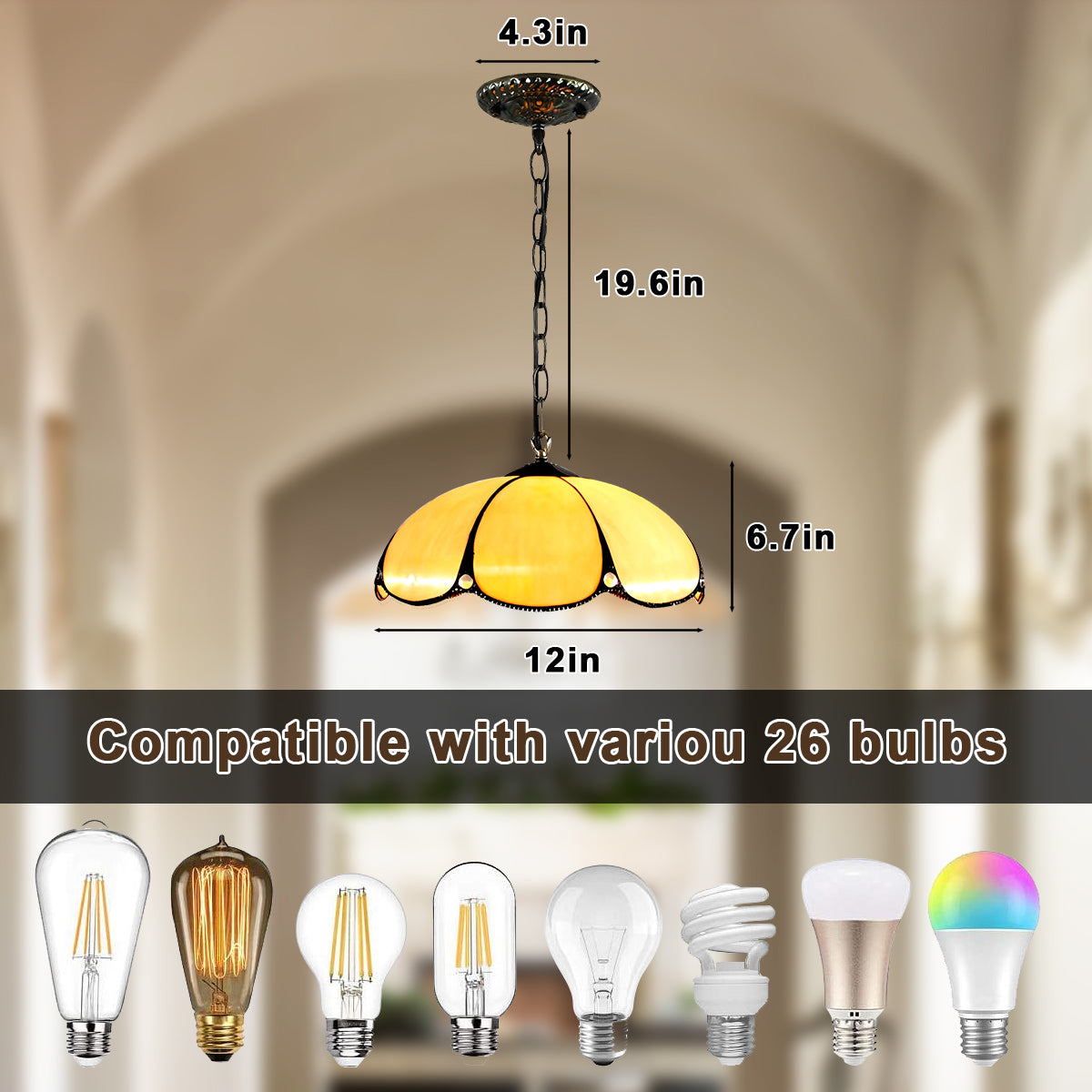 12" Ceiling Lighting Pumpkin Glass, Vintage Lotus Chandelier Adjustable Pendant Light Tiffany Fixture DS-DR29