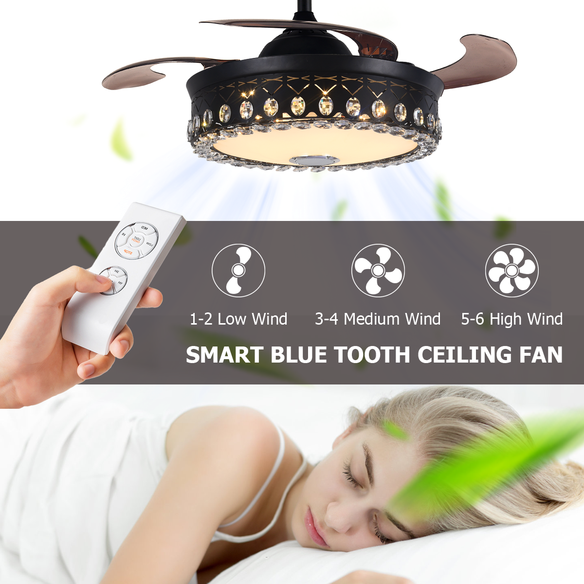 42" Black Living Room Invisible Ceiling Fan with Light DS-FH45