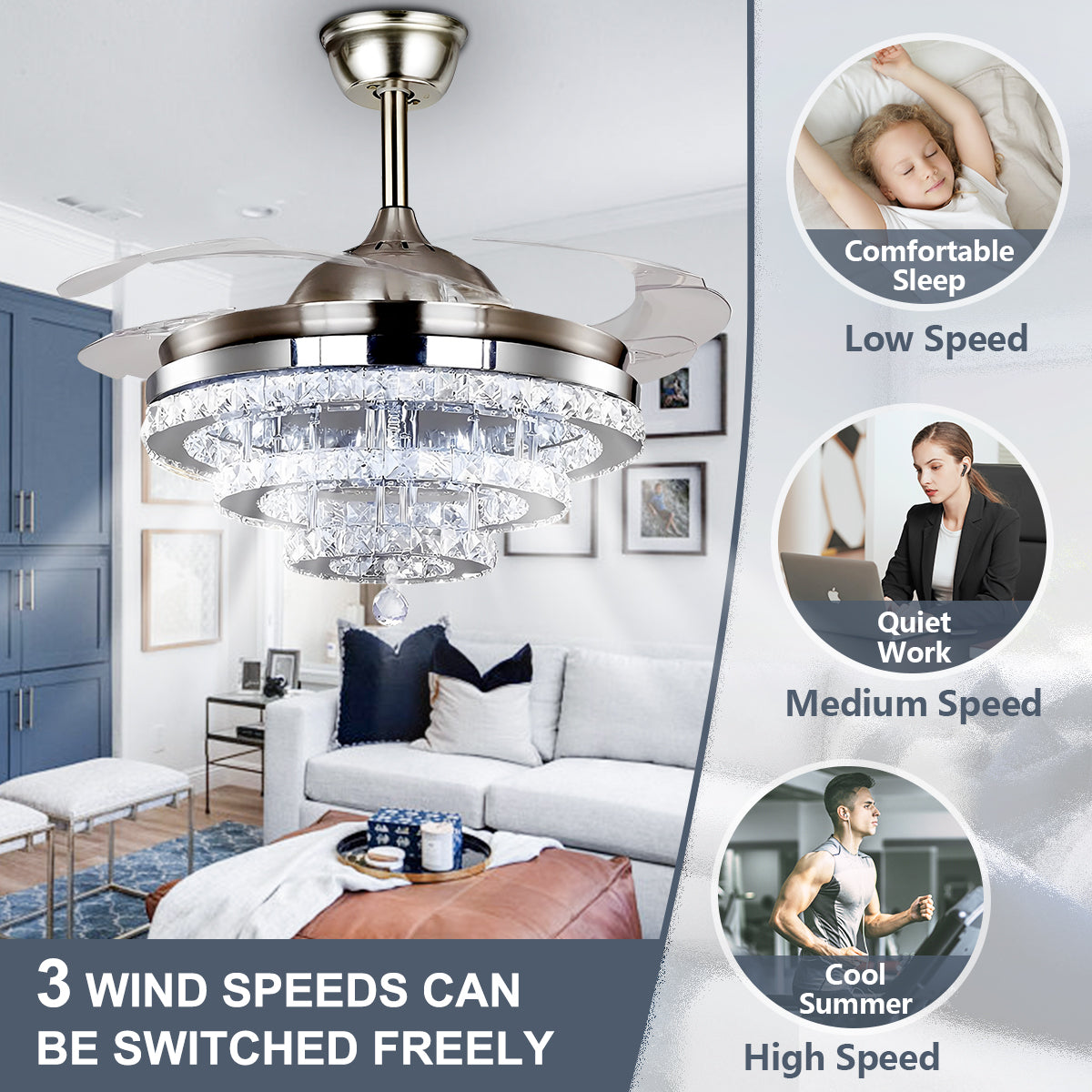 42" Silver Crystal Fan Chandelier DS-FZ103