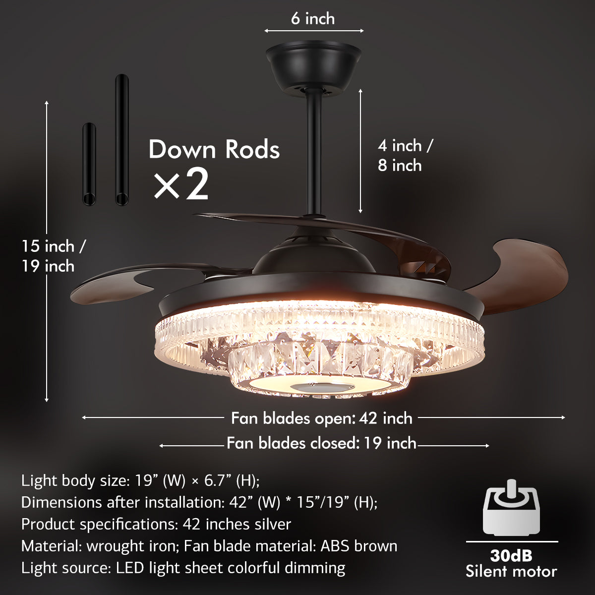 42" Modern Variable Frequency Crystal Ceiling Fan with Light