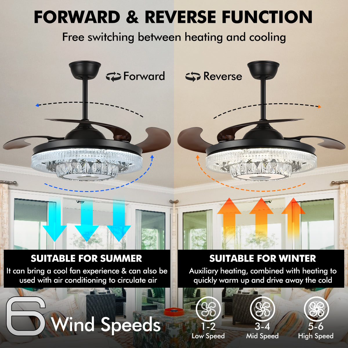 42" Modern Variable Frequency Crystal Ceiling Fan with Light