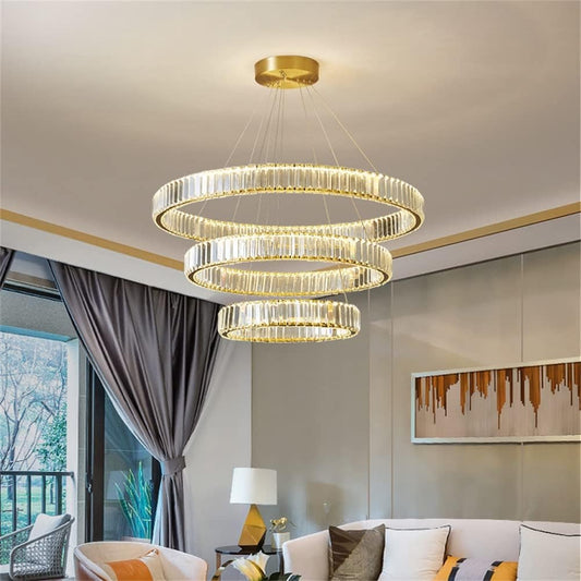 Modern Crystal Chandelier, 3 Rings LED Gold Pendant Light DIY Contemporary Adjustable Stainless Steel Hanging Ceiling Light Fixture