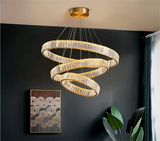 Modern Crystal Chandelier, 3 Rings LED Gold Pendant Light DIY Contemporary Adjustable Stainless Steel Hanging Ceiling Light Fixture