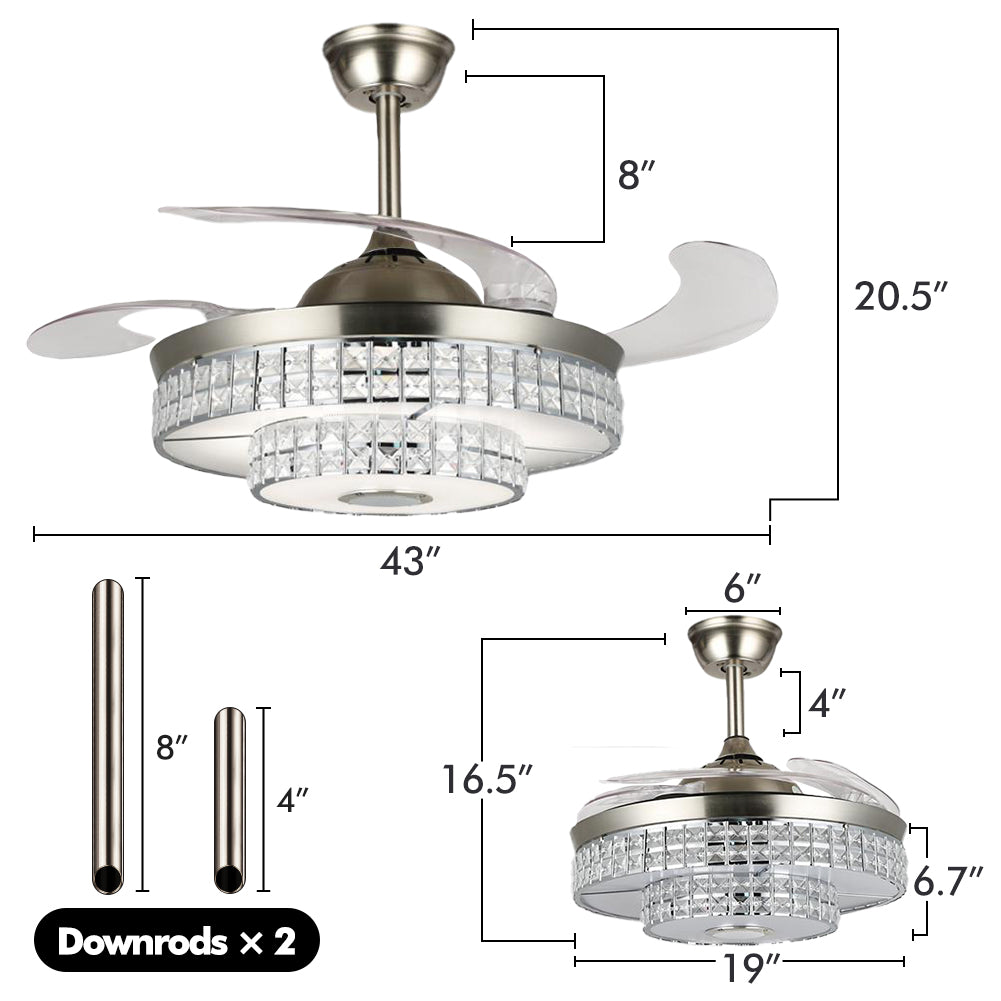 42" Simple Variable Frequency Crystal Bluetooth Ceiling Fan with Light DS-FH20