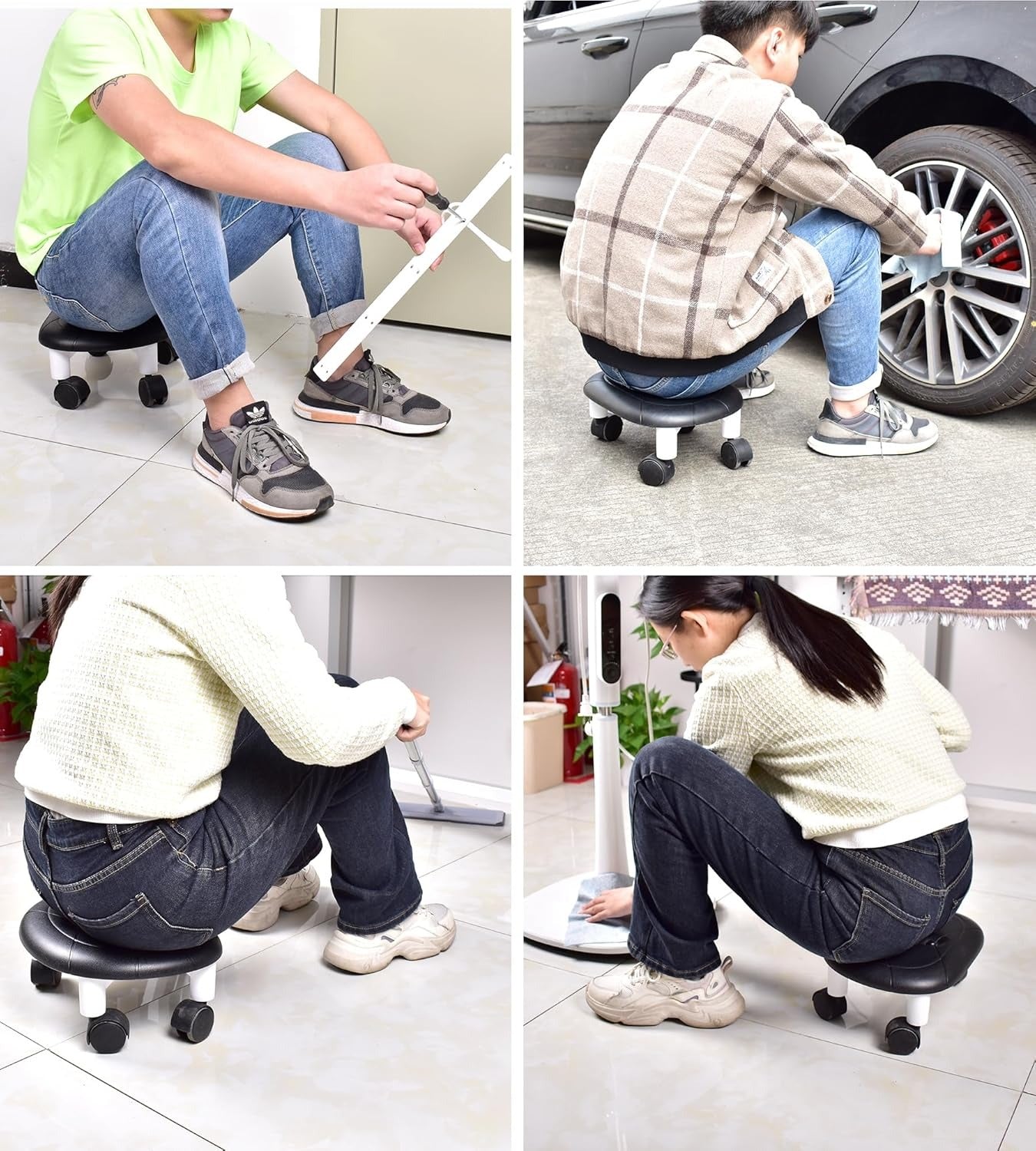 Mobile Low Rolling Stool with ABS Plastic Surface & 360° Swivel Wheels