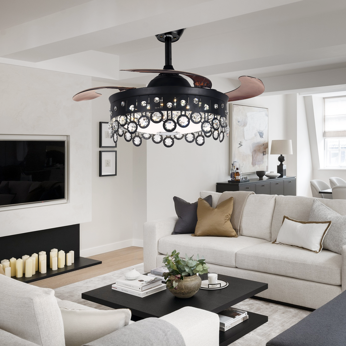 42" Black Bluetooth Invisible Ceiling Fan with Light DS-FH46