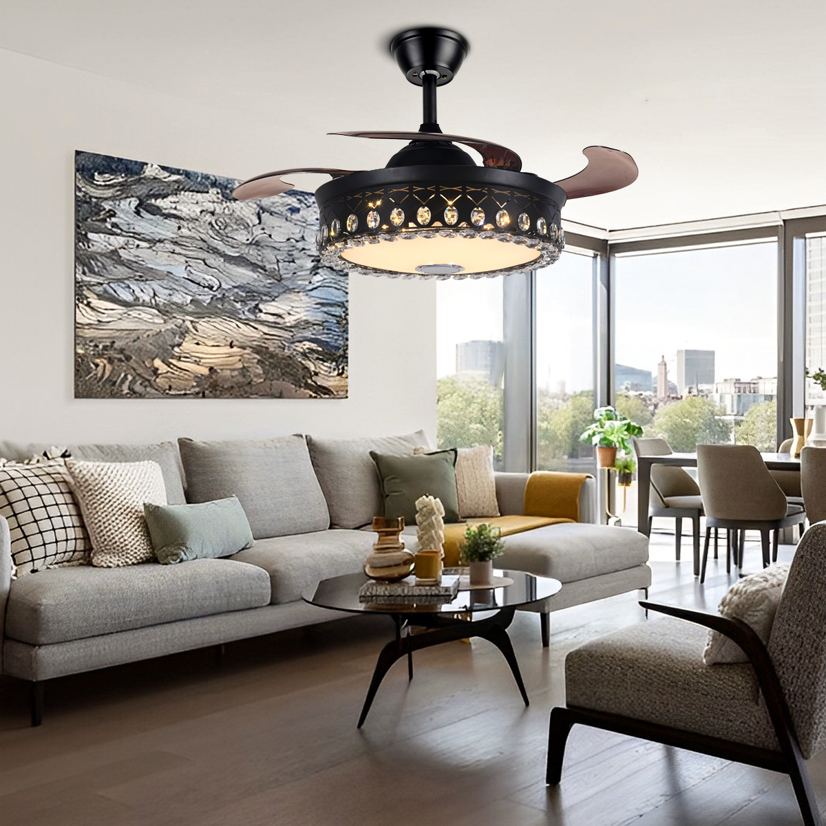42" Black Living Room Invisible Ceiling Fan with Light DS-FH45