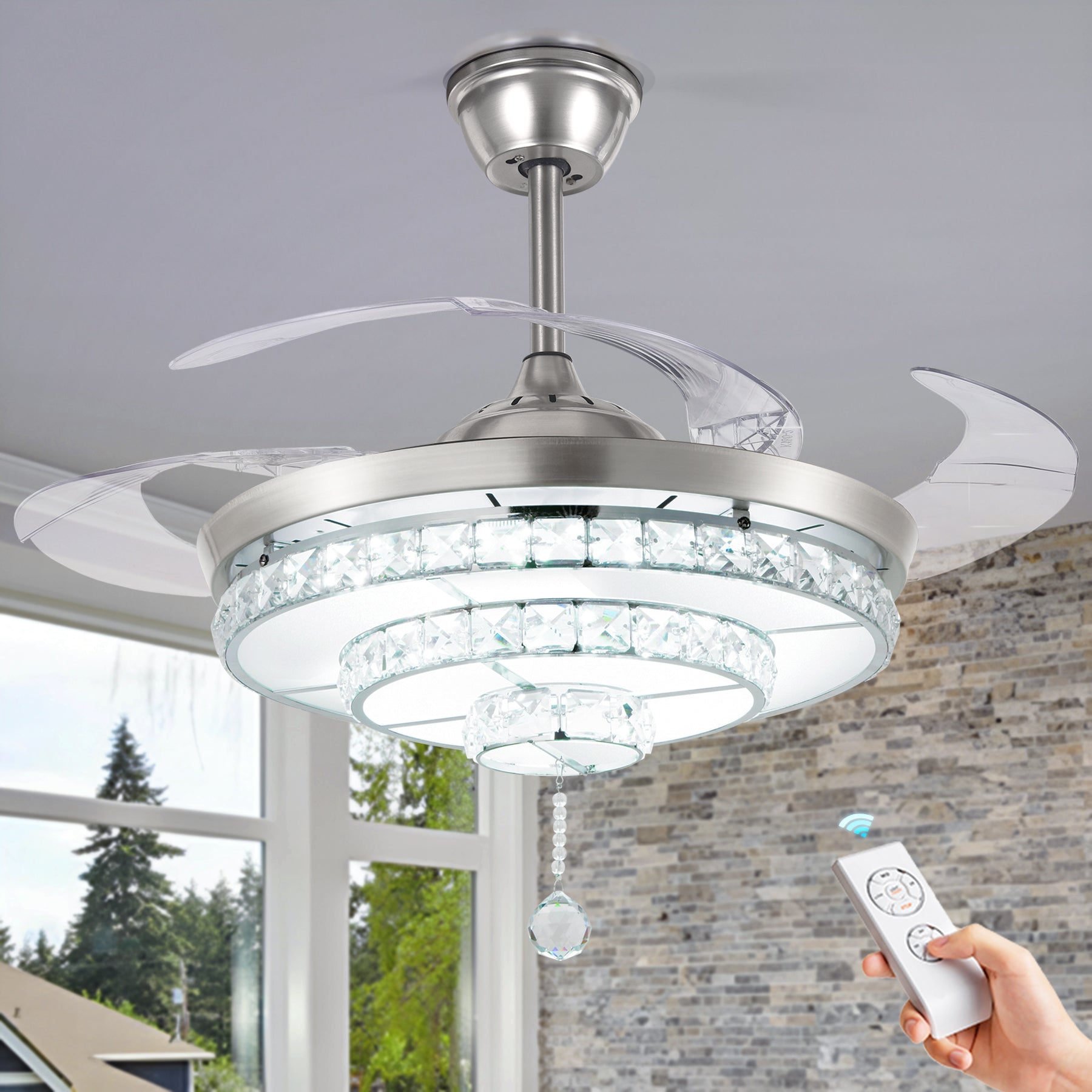 BIGBANBAN Crystal Ceiling Fan with Light and Remote Brush Nickel