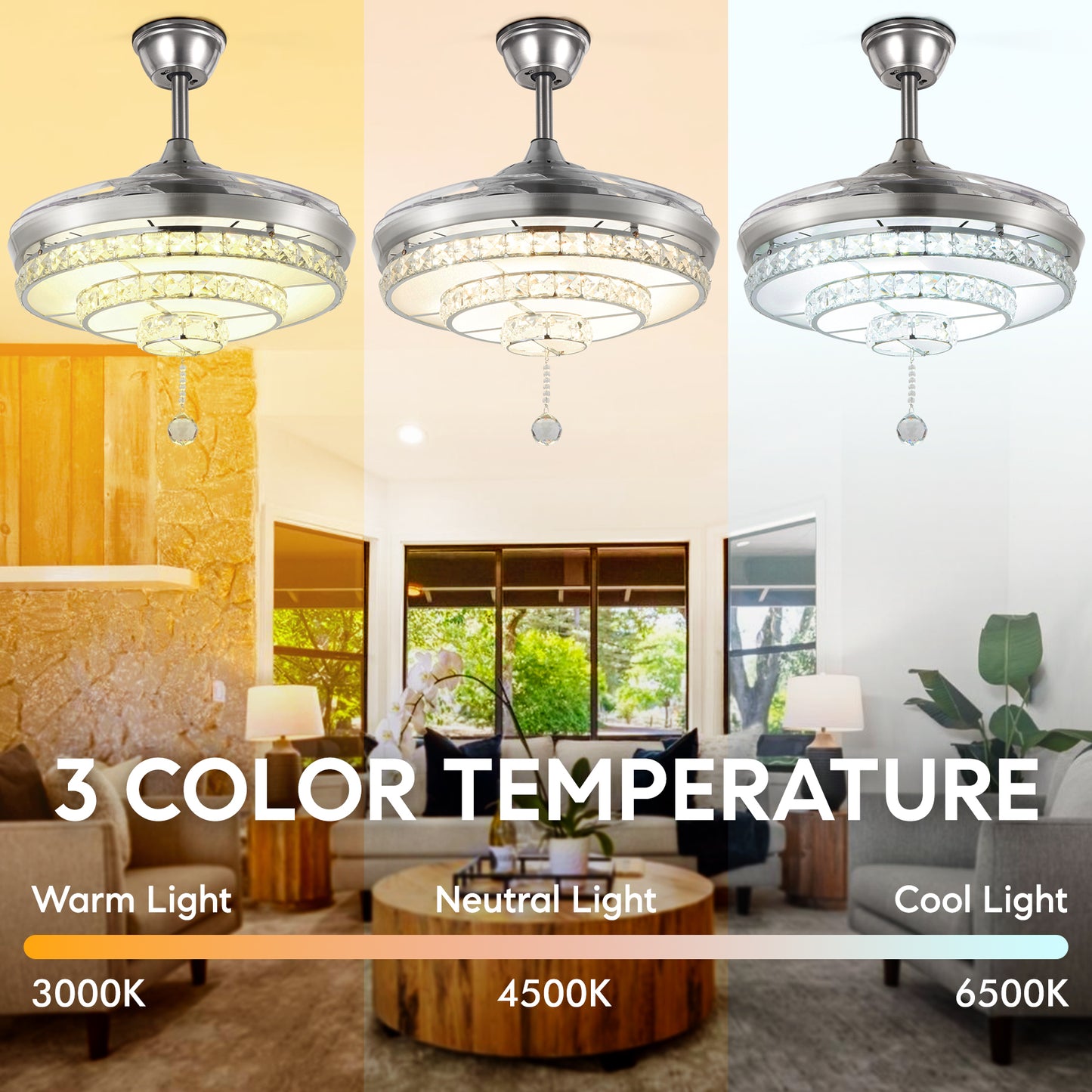 BIGBANBAN Crystal Ceiling Fan with Light and Remote Brush Nickel ELT286