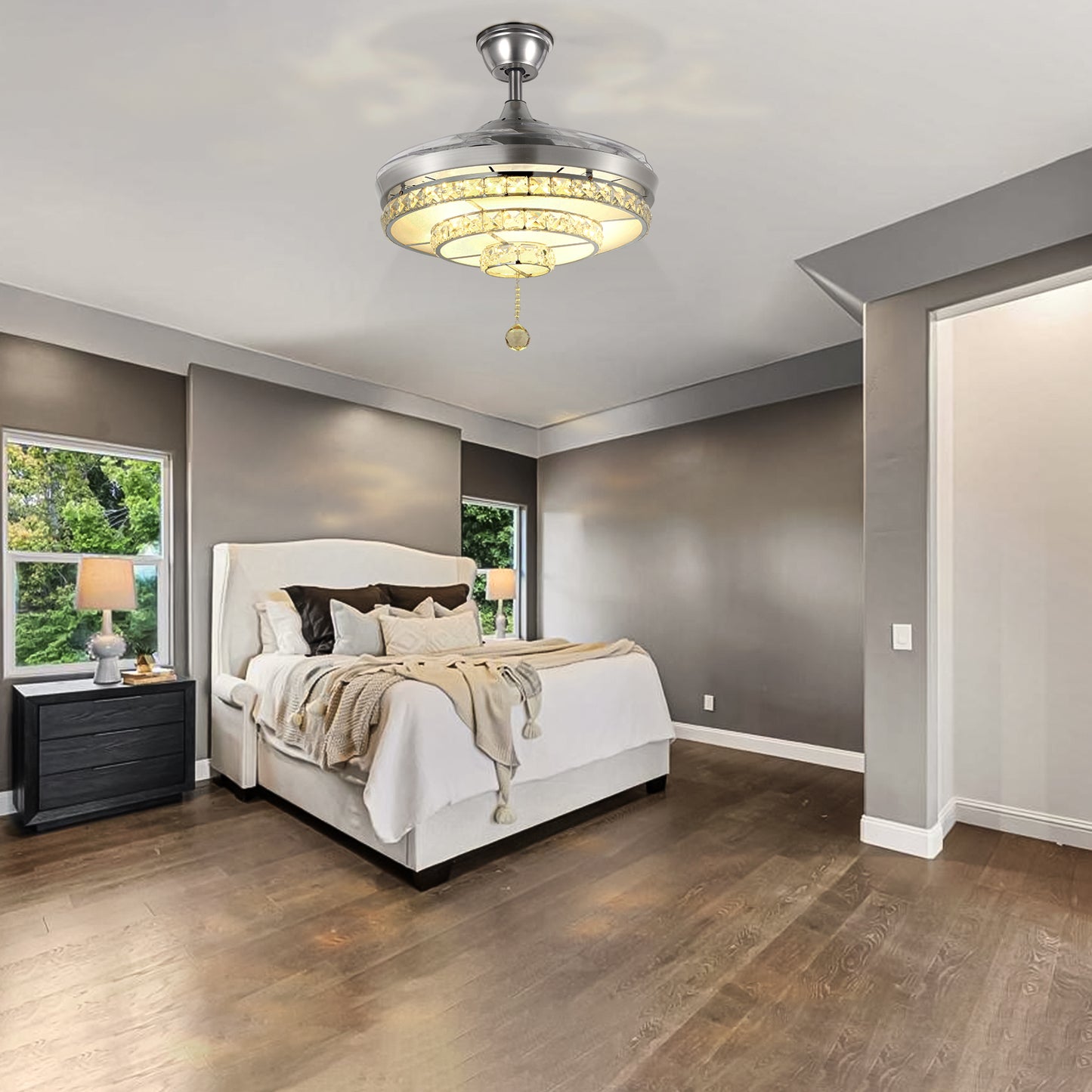 BIGBANBAN Crystal Ceiling Fan with Light and Remote Brush Nickel ELT286