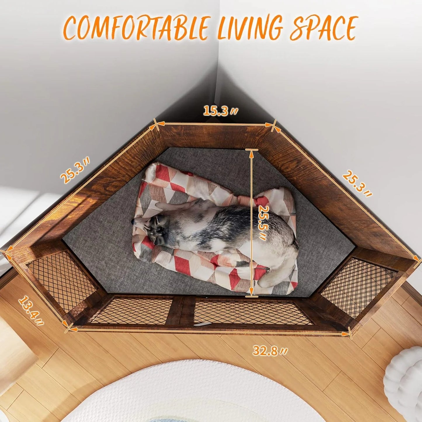 Corner Dog Crate Furniture, 44 Inch Wooden Dog Kennel End Table with Iron Mesh, Decorative Pet House for Medium/Small Dogs Indoor Use