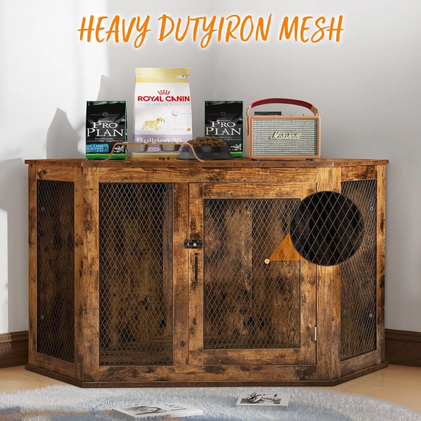 Corner Dog Crate Furniture, 44 Inch Wooden Dog Kennel End Table with Iron Mesh, Decorative Pet House for Medium/Small Dogs Indoor Use