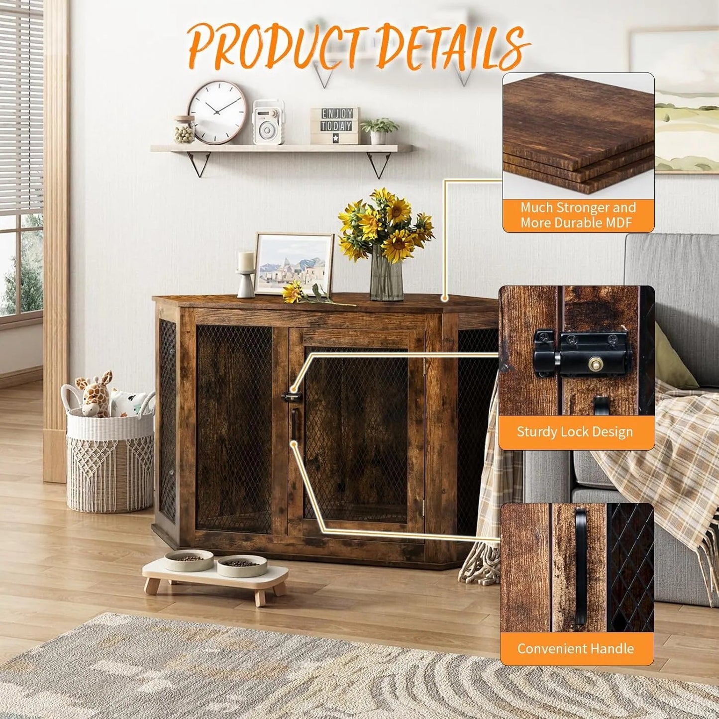 Corner Dog Crate Furniture, 44 Inch Wooden Dog Kennel End Table with Iron Mesh, Decorative Pet House for Medium/Small Dogs Indoor Use