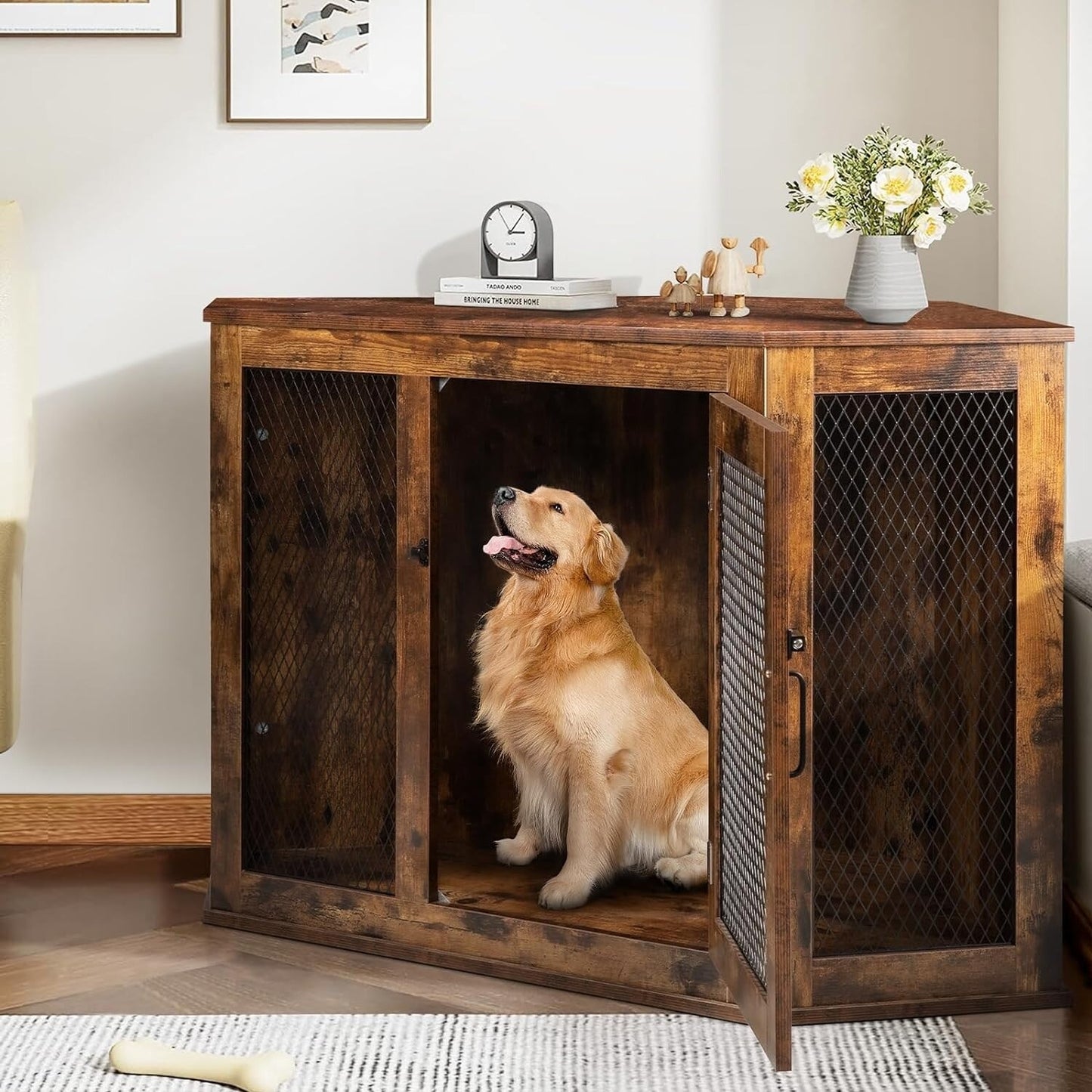 Corner Dog Crate Furniture, 44 Inch Wooden Dog Kennel End Table with Iron Mesh, Decorative Pet House for Medium/Small Dogs Indoor Use