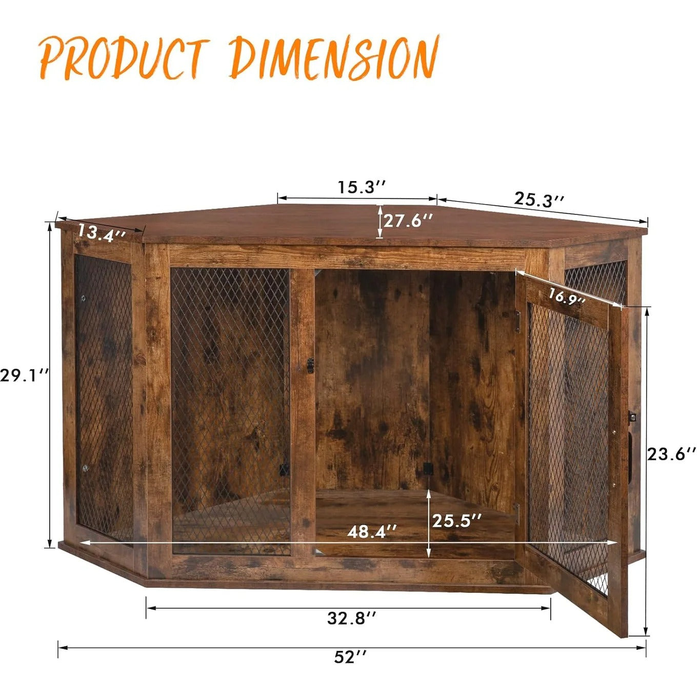 Corner Dog Crate Furniture, 44 Inch Wooden Dog Kennel End Table with Iron Mesh, Decorative Pet House for Medium/Small Dogs Indoor Use